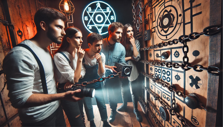 Group solving chained puzzles inside Dubai horror maze at Black Out.