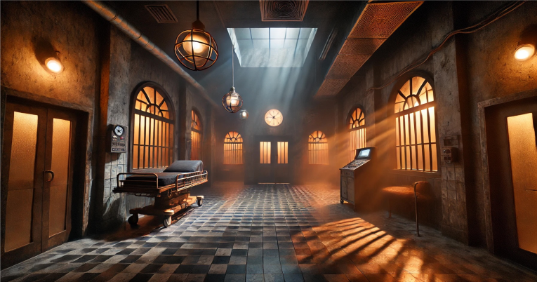 Black Out Dubai escape room with cinematic horror hospital set and eerie lighting.