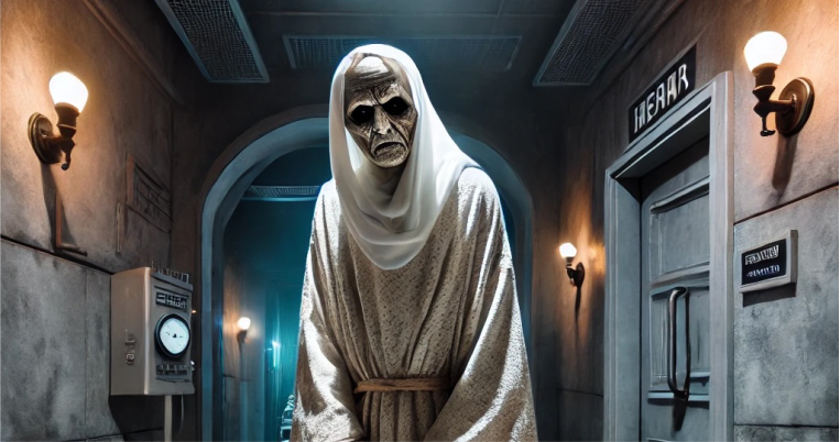 Live actor performing as a ghostly patient in Black Out Dubai escape room.